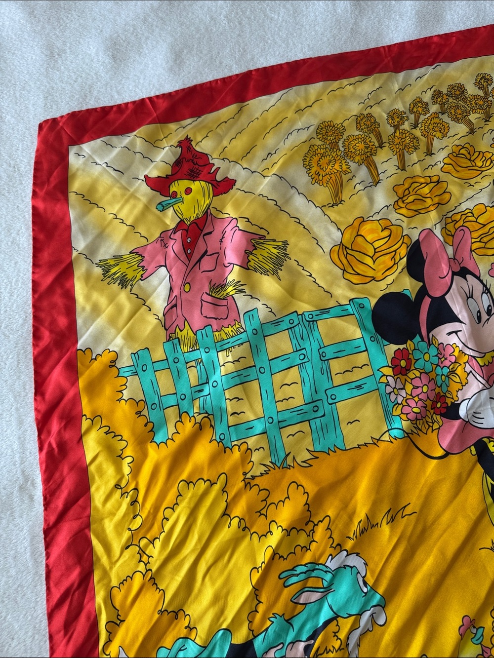 Vintage Handmade Disney Mickey Minnie Silk Scarf Red Yellow Farm Scene Chic - Picture 8 of 11
